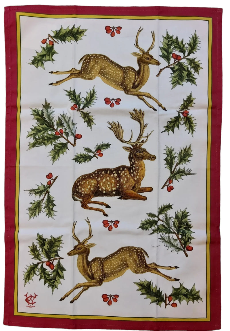 Deer & Holly Antique Illustration Tea Towel