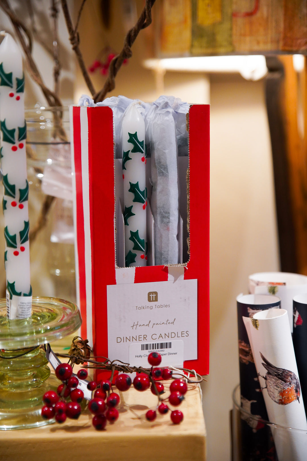 Holly Christmas Taper Dinner Candle