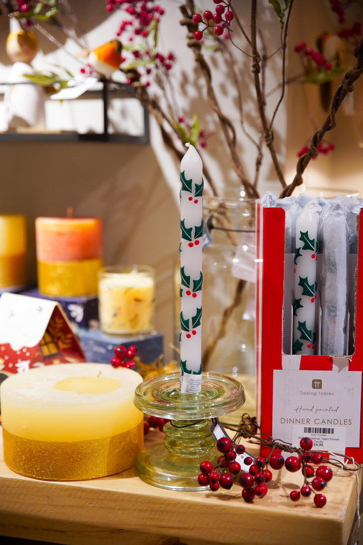 Holly Christmas Taper Dinner Candle