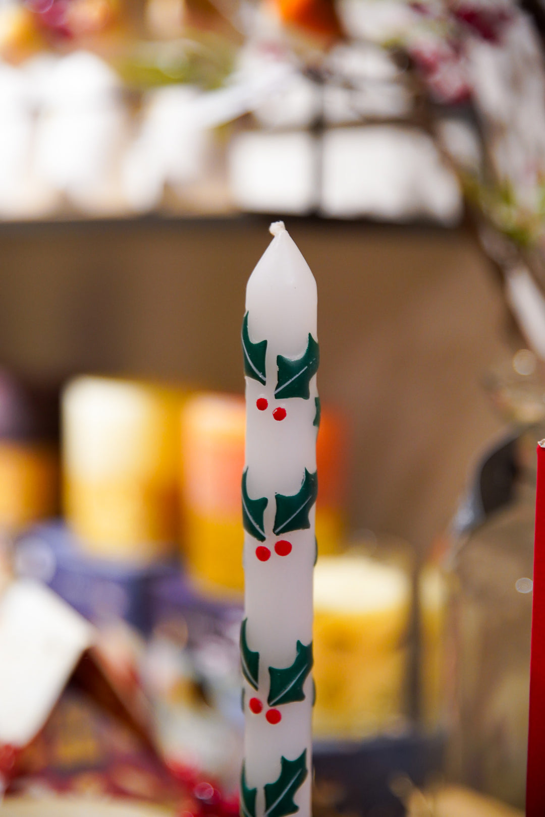 Holly Christmas Taper Dinner Candle