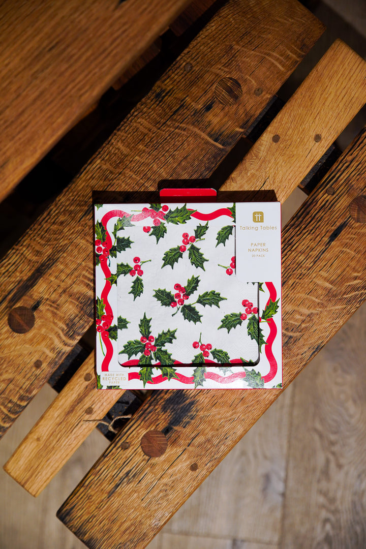 Holly White Christmas Paper Napkins - 20 Pack