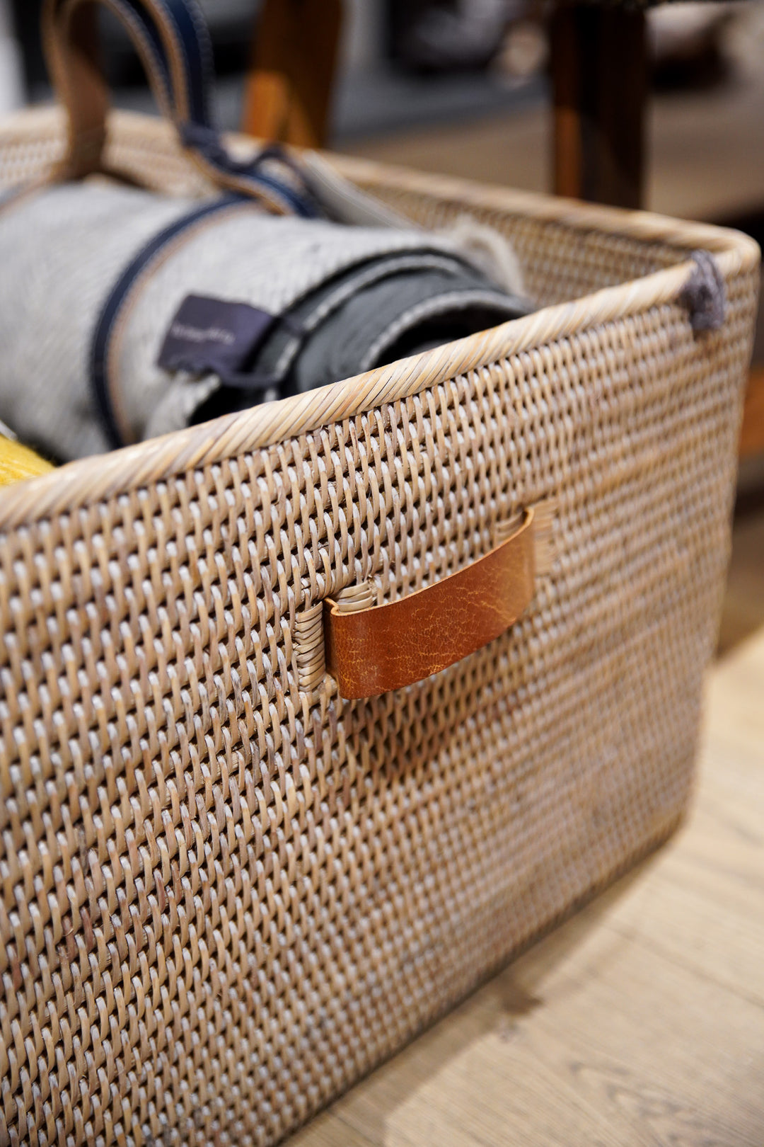 Rattan Basket With Leather Handles - Natural White Wash