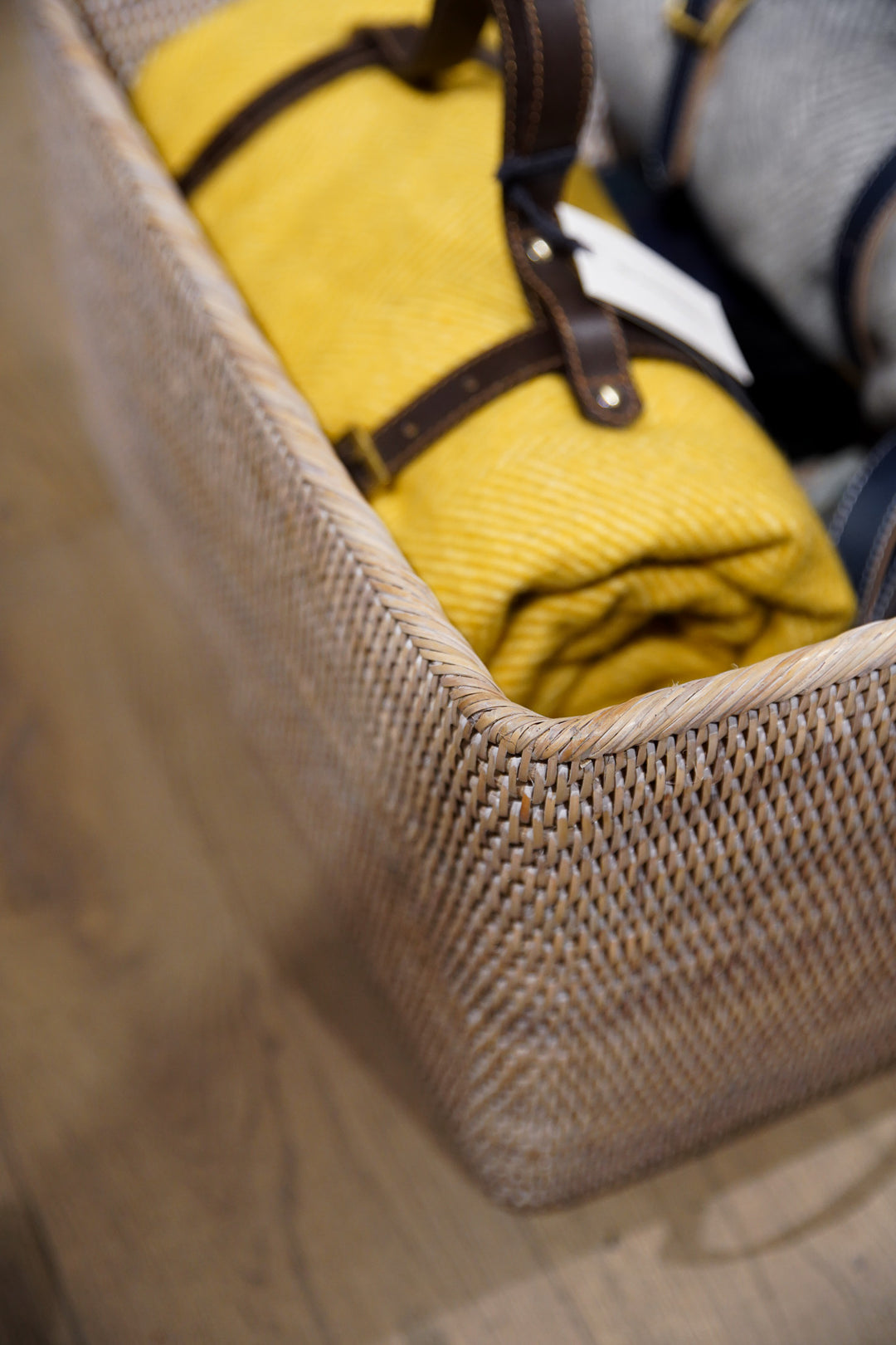 Rattan Basket With Leather Handles - Natural White Wash
