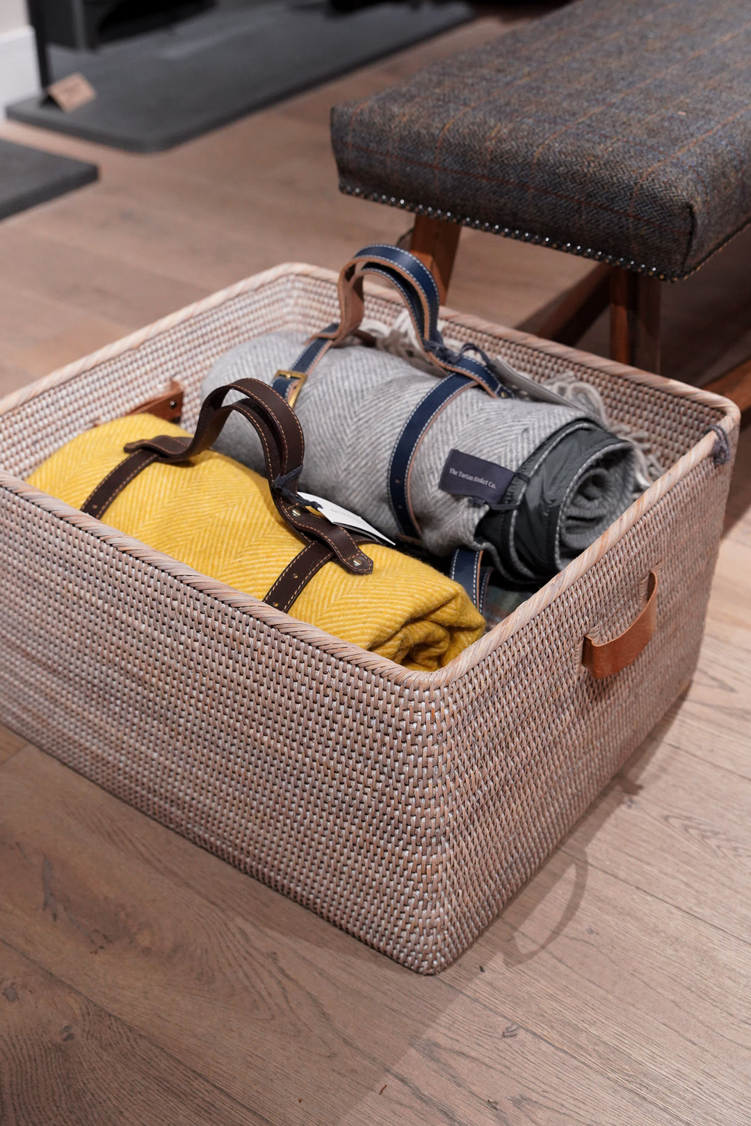 Rattan Basket With Leather Handles - Natural White Wash