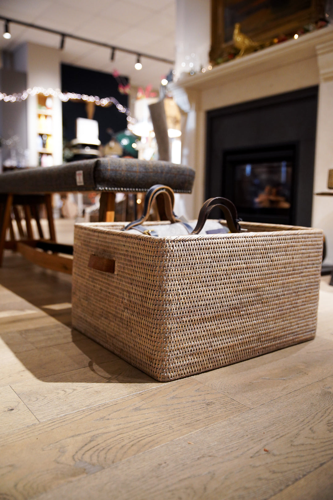 Rattan Basket With Leather Handles - Natural White Wash