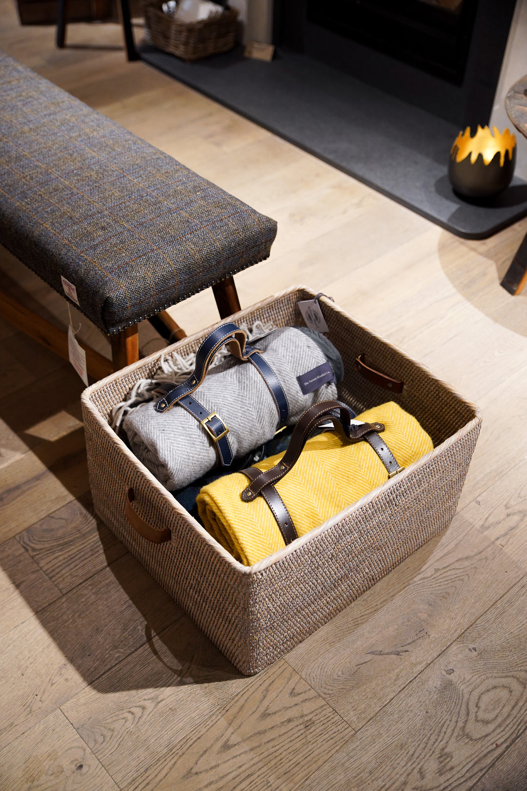Rattan Basket With Leather Handles - Natural White Wash