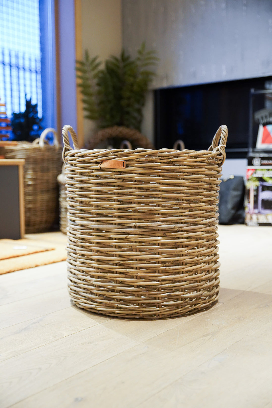 Round Grey Kubu Rattan Log Basket with Eared Handles