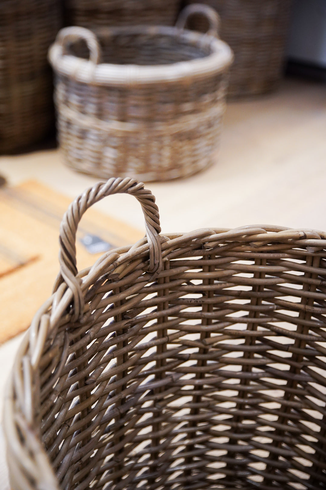 Round Grey Kubu Rattan Log Basket with Eared Handles