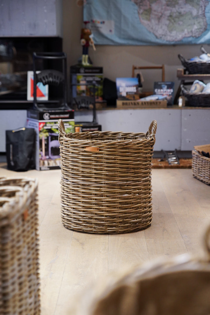 Round Grey Kubu Rattan Log Basket with Eared Handles