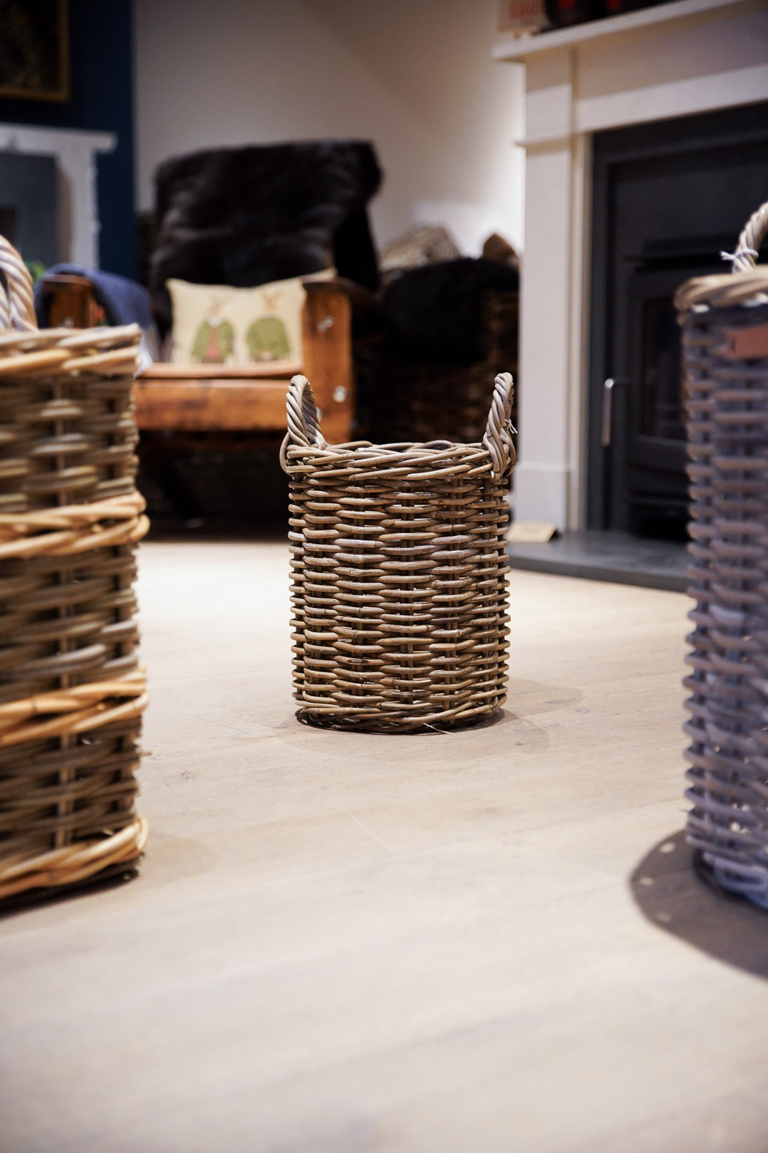 Round Grey Log Basket with Eared Handles