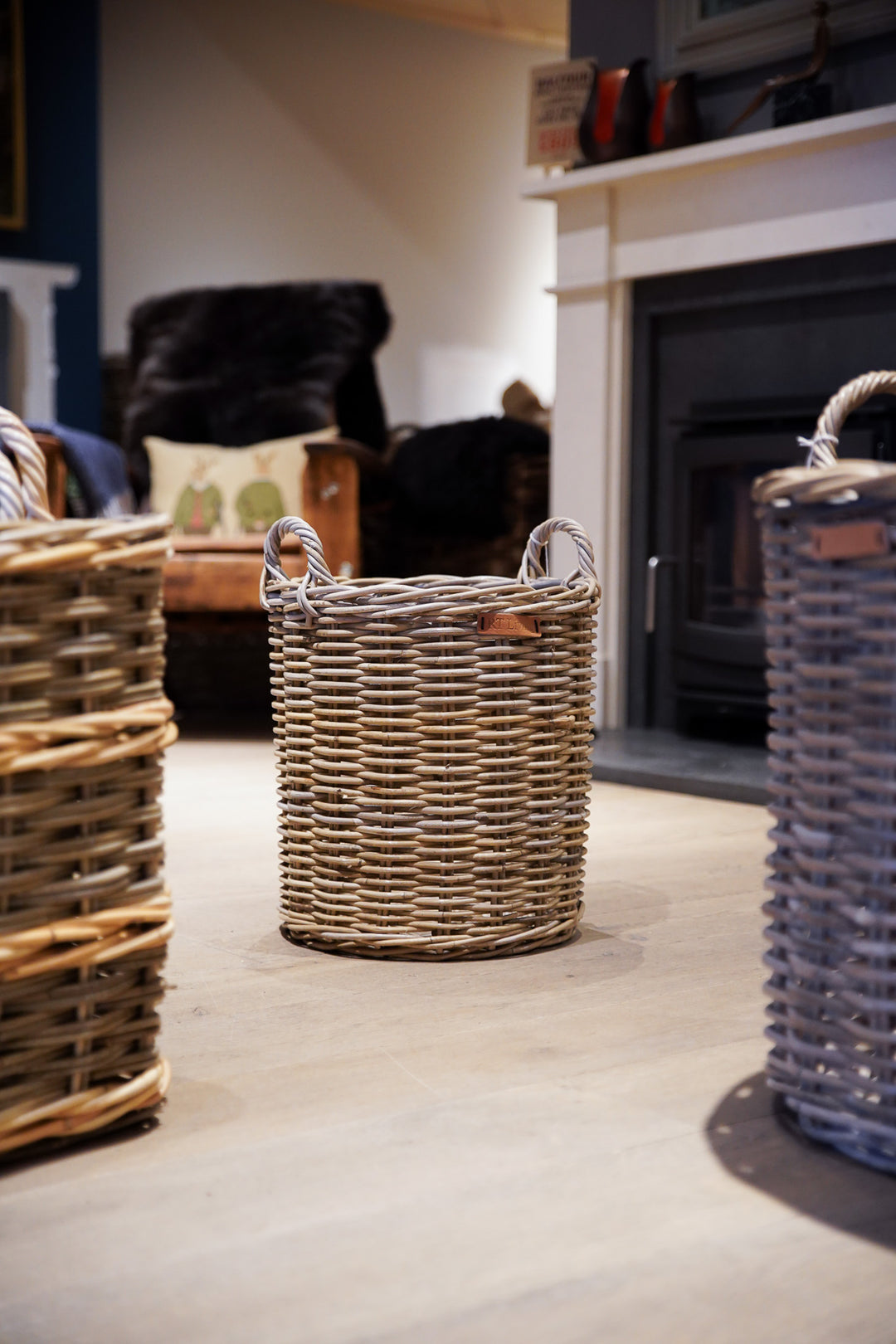Round Grey Log Basket with Eared Handles
