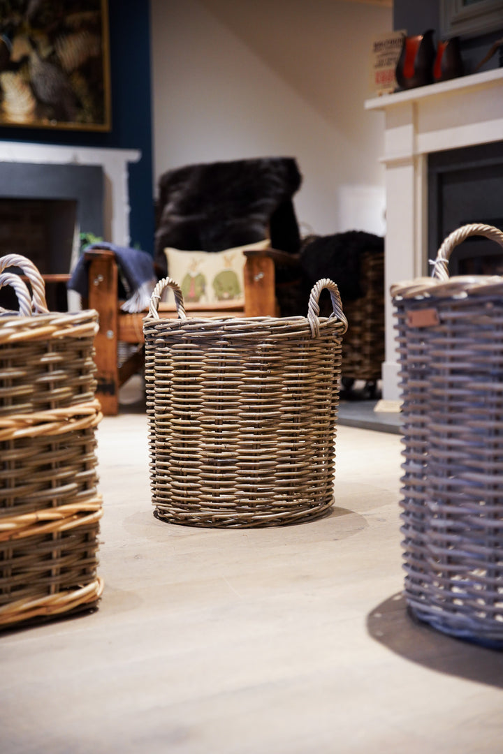 Round Grey Log Basket with Eared Handles