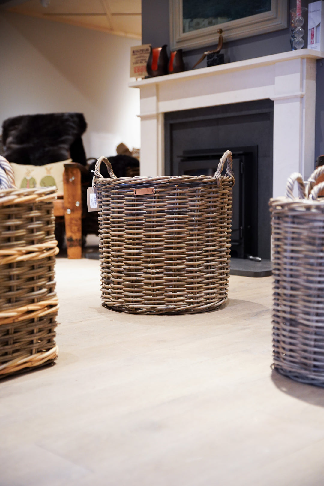 Round Grey Log Basket with Eared Handles