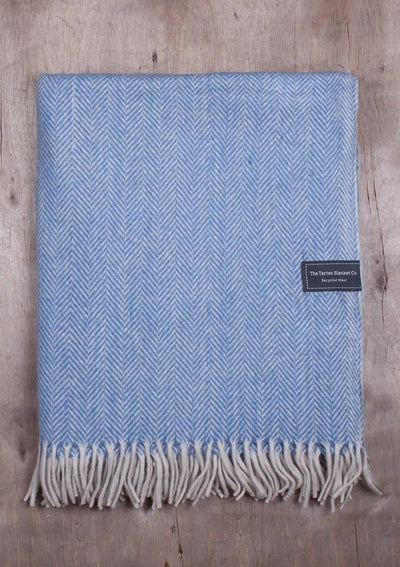 Recycled Wool Blanket in Sky Blue Herringbone