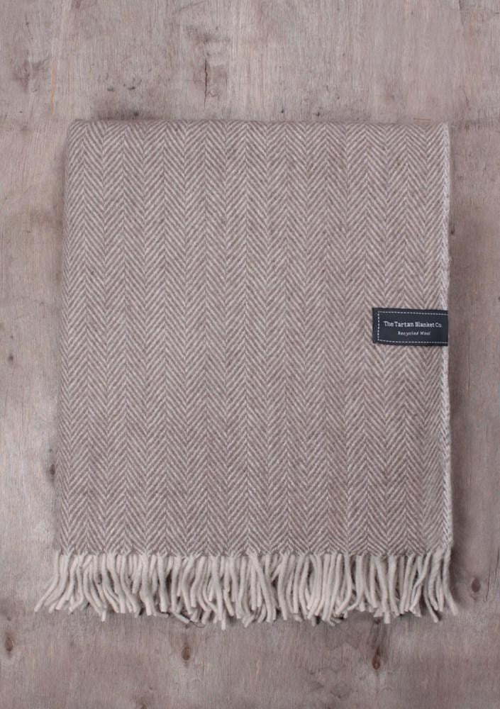 Recycled Wool Blanket in Natural Herringbone
