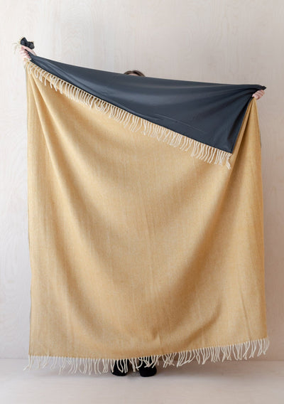Recycled Wool Waterproof Picnic Blanket in Mustard Herringbone
